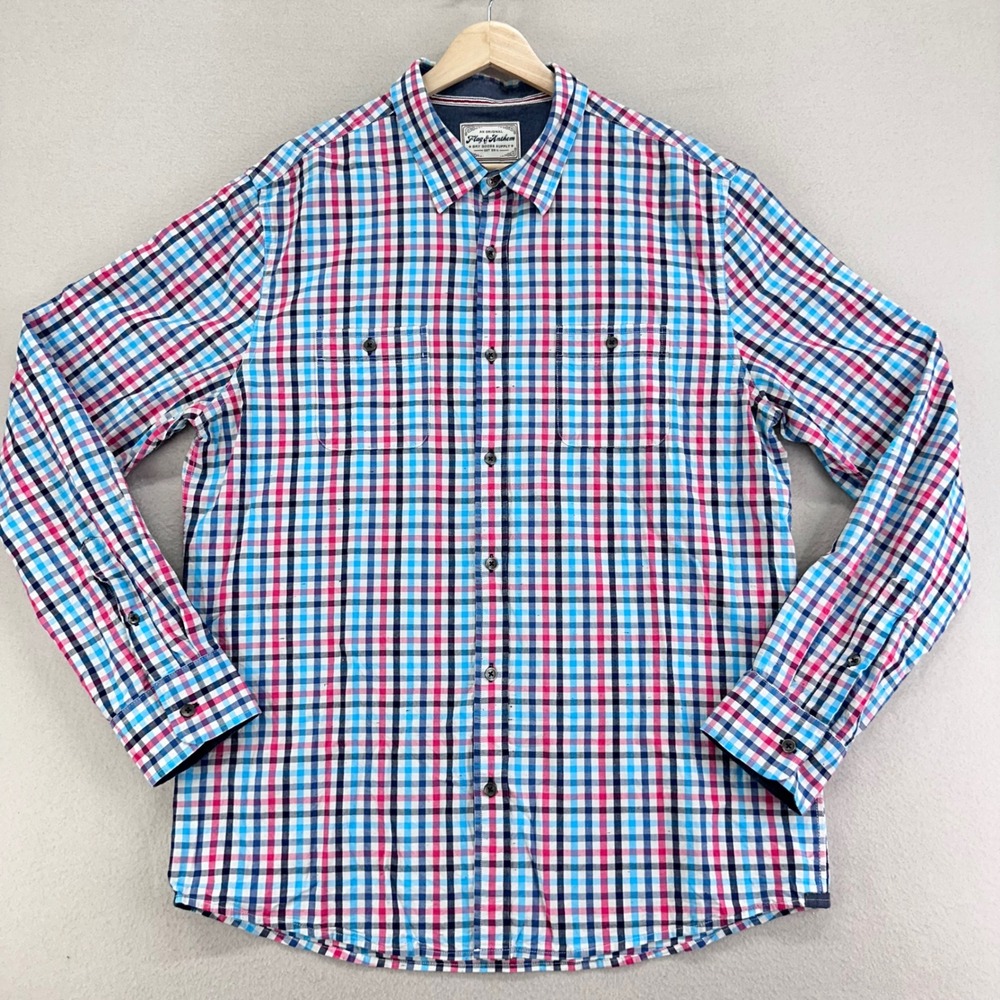 Flag & Anthem Shirt Men's L‎ Tall Blue Plaid Casual Button Down Cotton